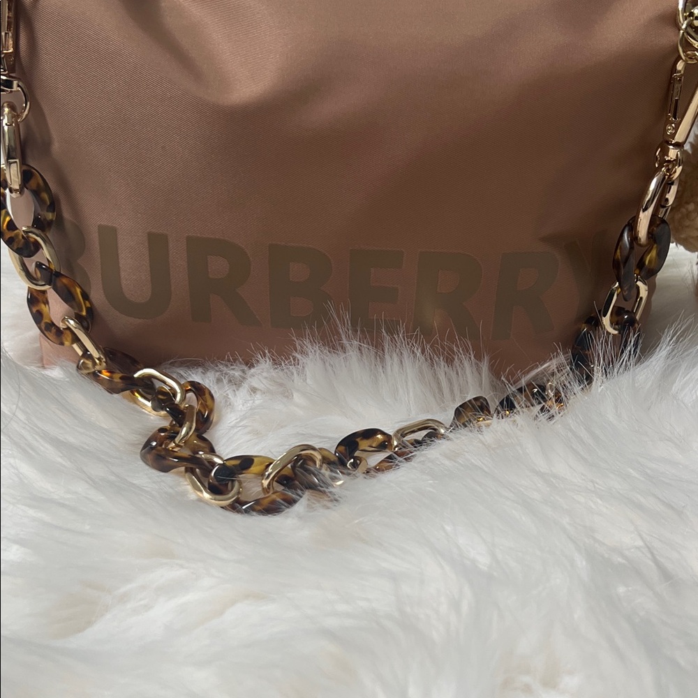 Burberry Converted Brown Shoulder Bag with Tortoise Chain and Fuzzy Bear - Picture 6 of 7